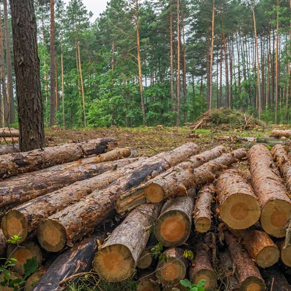 stack of cut trees in a cleared area